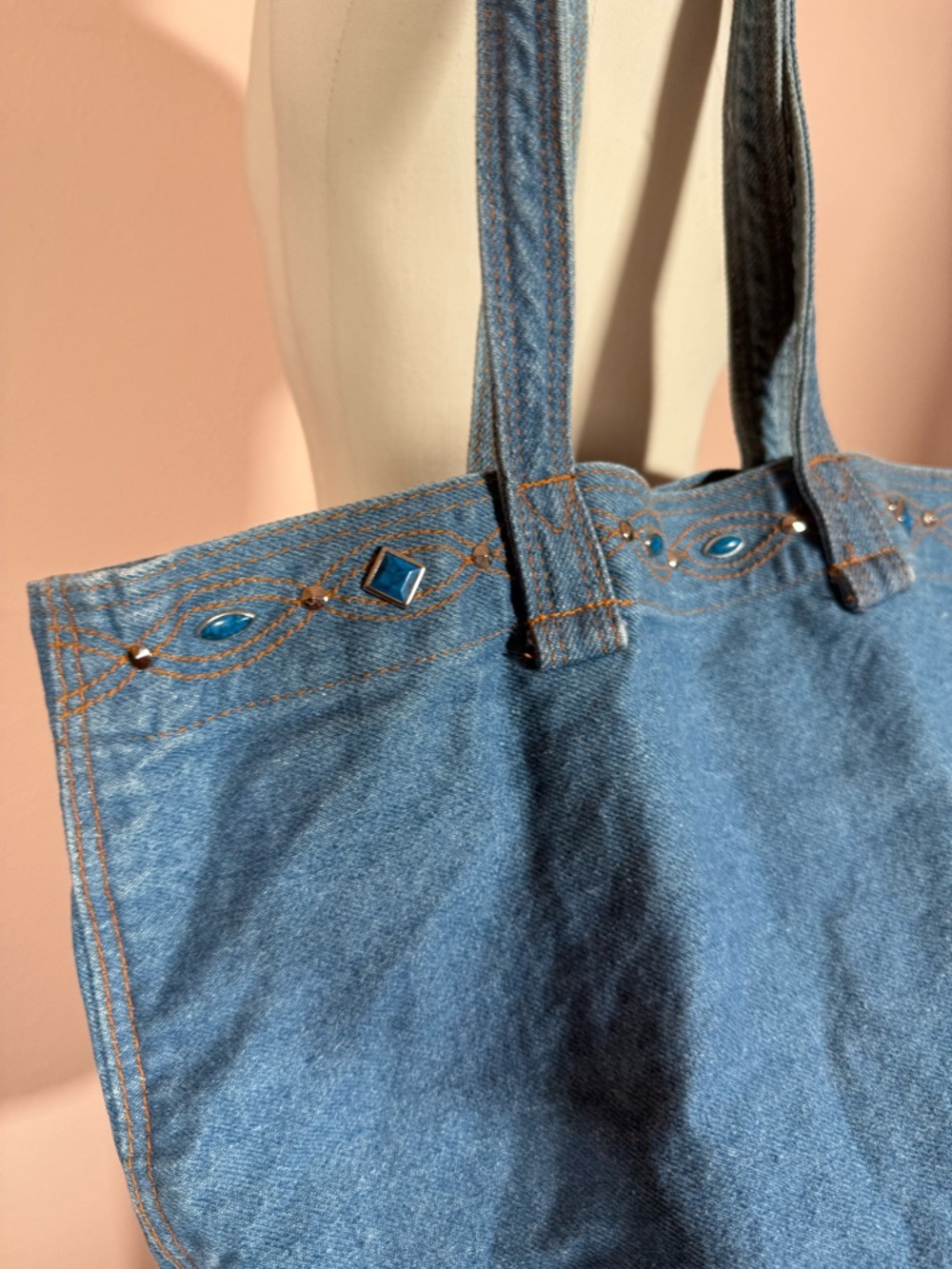 Vintage 1980’s Denim Southwestern Studded Festival Bucket Tote Bag - Picture 9 of 17